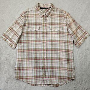 Sean John Shirt Men's 3XL Brown Plaid Linen Cotton Short Sleeve Summer